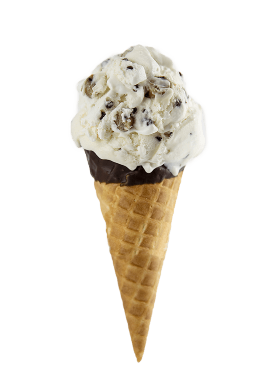 Sweet Lou's Chocolate Chip Cookie Dough - Shaw's Ice Cream in a waffle cone