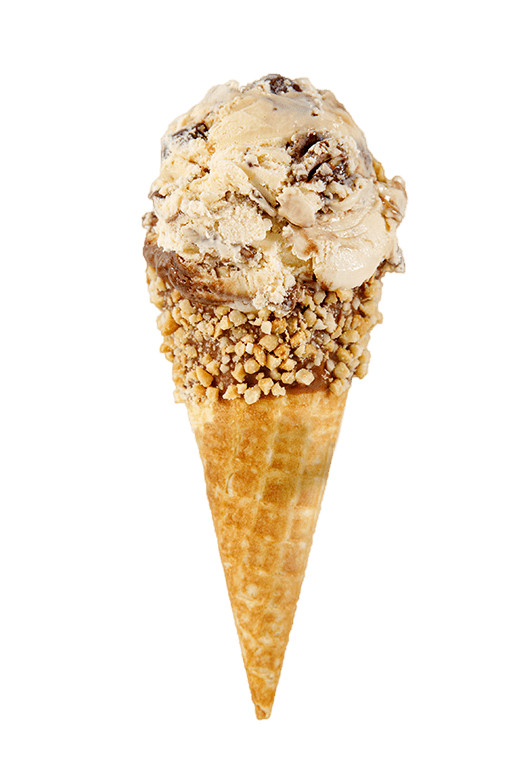 Sweet Lou's Caramel Turtles & Fudge - Shaw's Ice Cream in a waffle cone