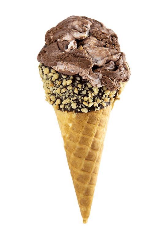 Sweet Lou's Rocky Road - Shaw's Ice Cream in a waffle cone