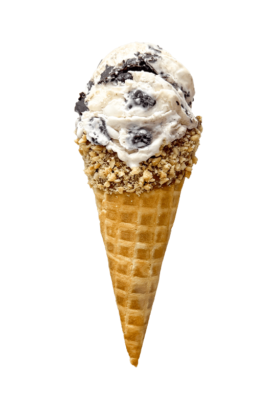 Sweet Lou's Tin Roof Sundae - Shaw's Ice Cream in a waffle cone